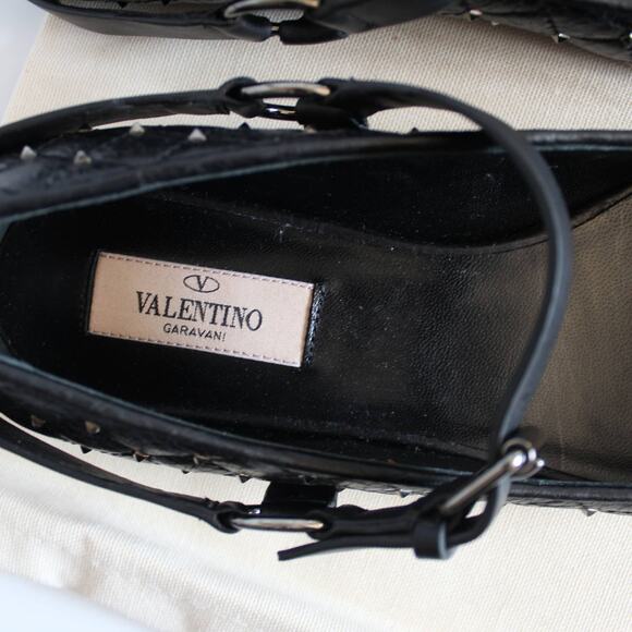 Valentino Black Quilted Leather Rockstud Cap Toe Point Mary Jane Ballet Flats - Picture 10 of 14
